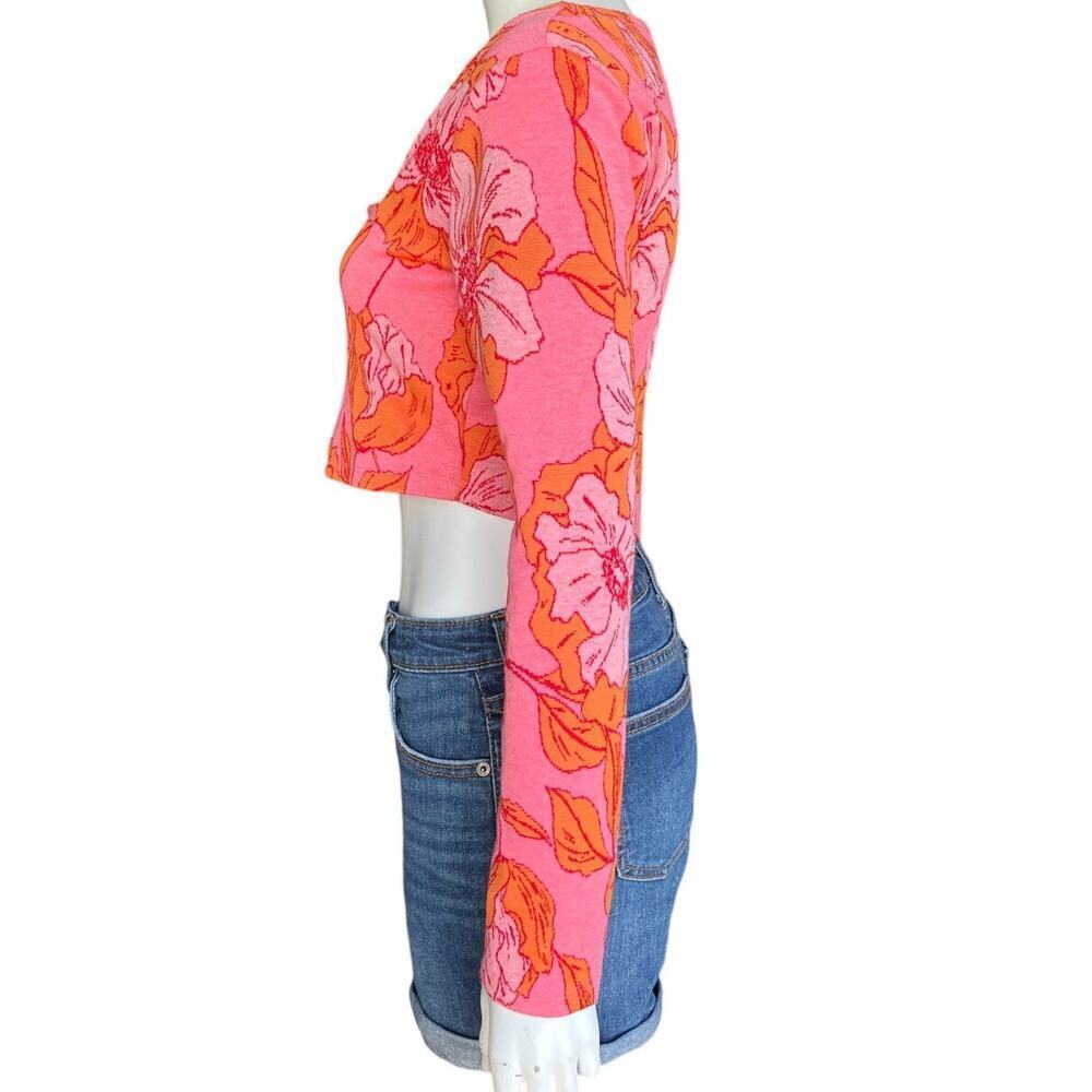 Zara Pink Orange Floral Jacquard Long Sleeve Crop Top Square Neck Size Large - Picture 5 of 7